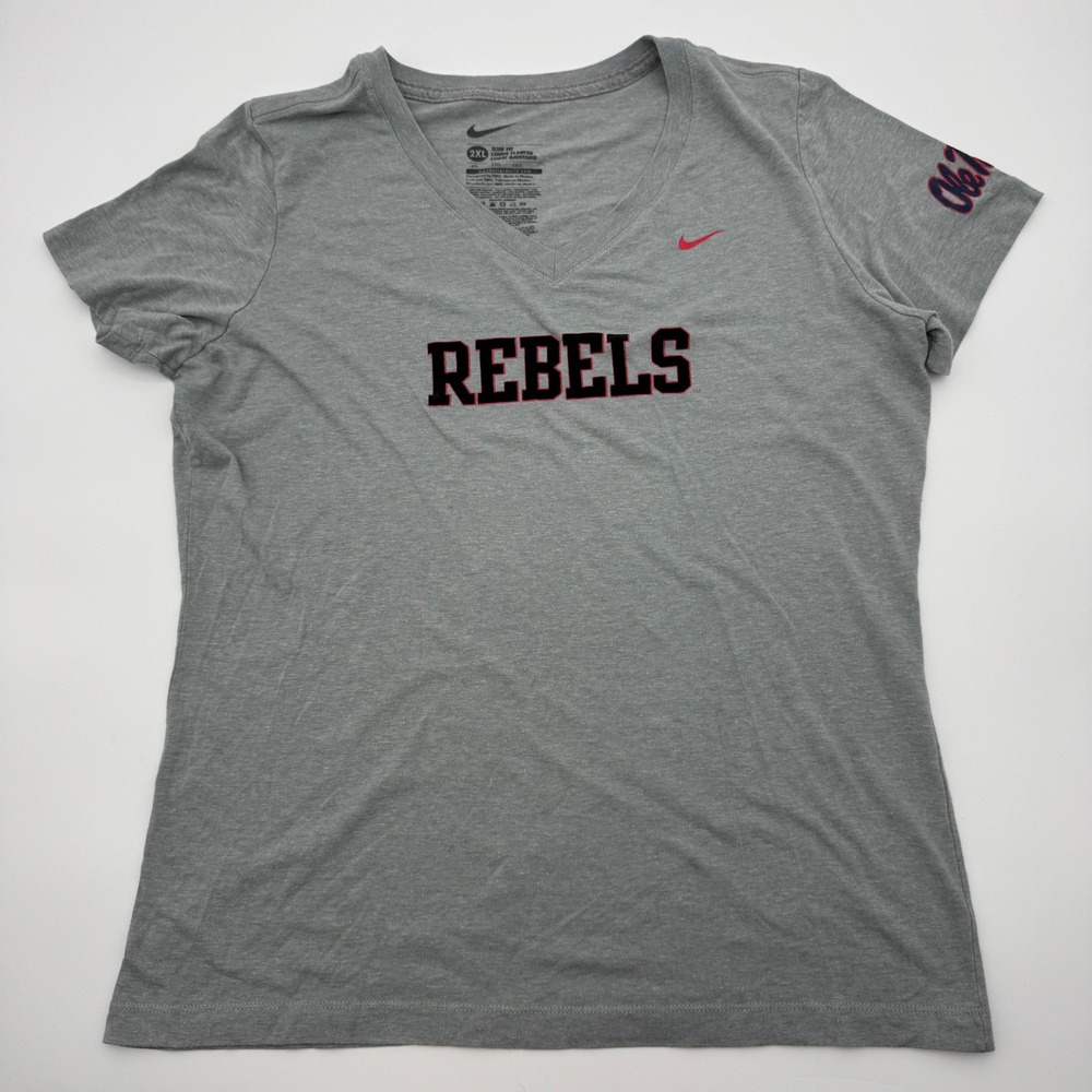 Nike Ole Miss Rebels V-Neck T-Shirt Womens 2XL Gray Short Sleeve Slim Fit NCAA